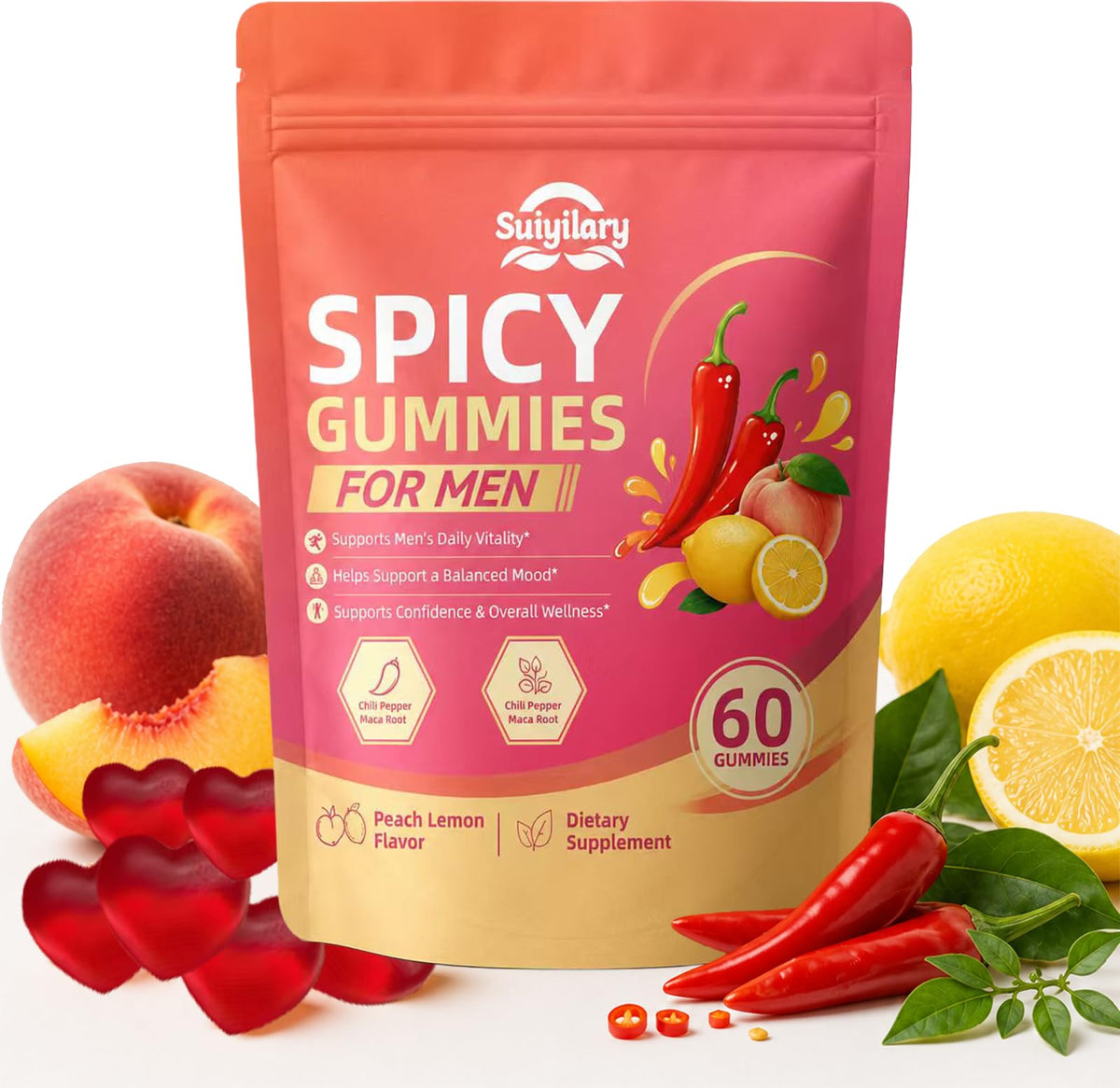 Gummies Suiyilary épicées au goût de pêche, sachet de 60 gummies