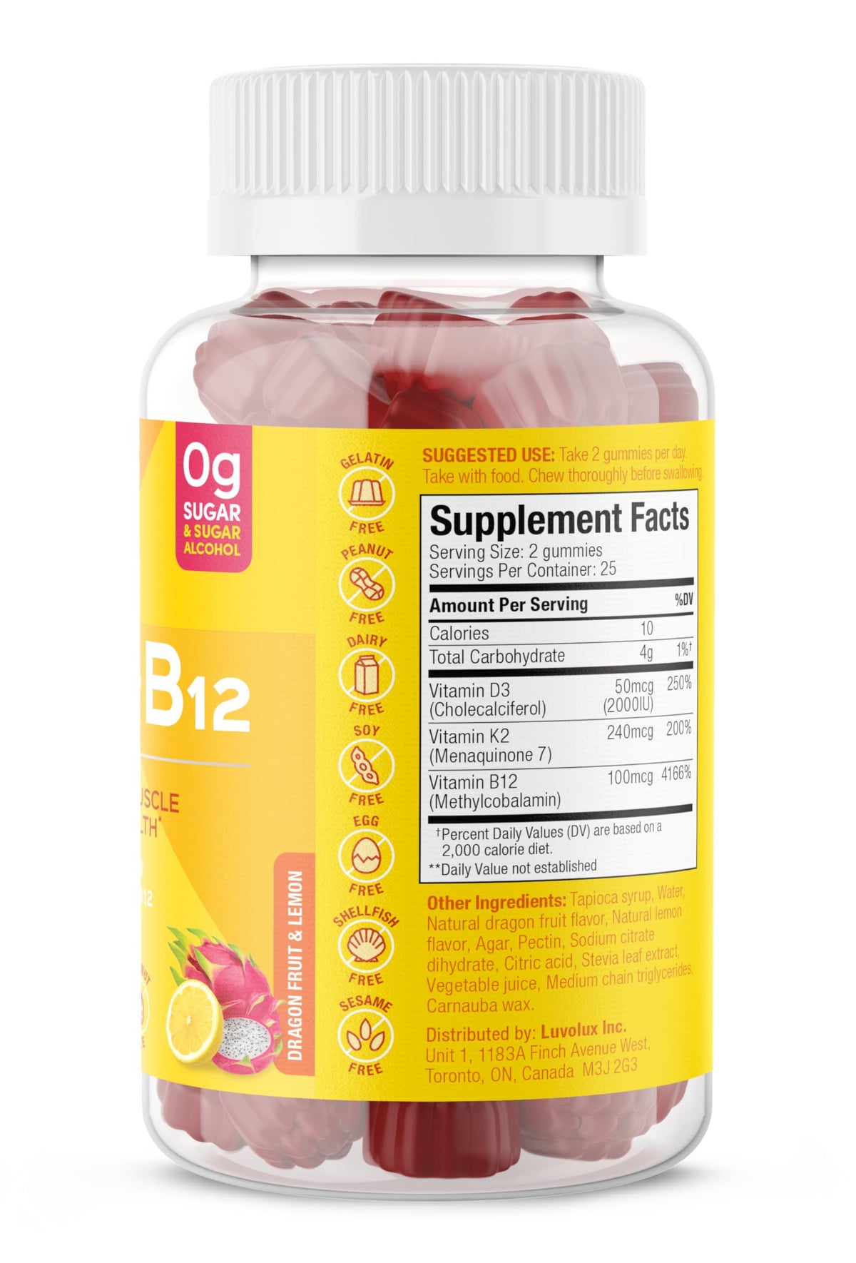 Gummies SUKU Vegan D3 + K2 + B12 avec un fond de fruits