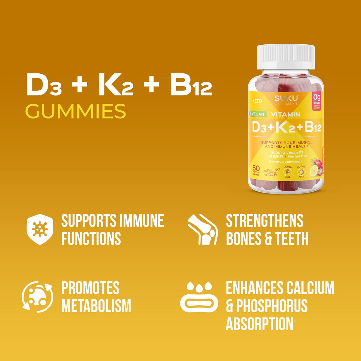 Gummies SUKU Vegan D3 + K2 + B12 sur une assiette