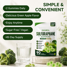Gummies sulforaphane Shumol avec une main tenant une gummy