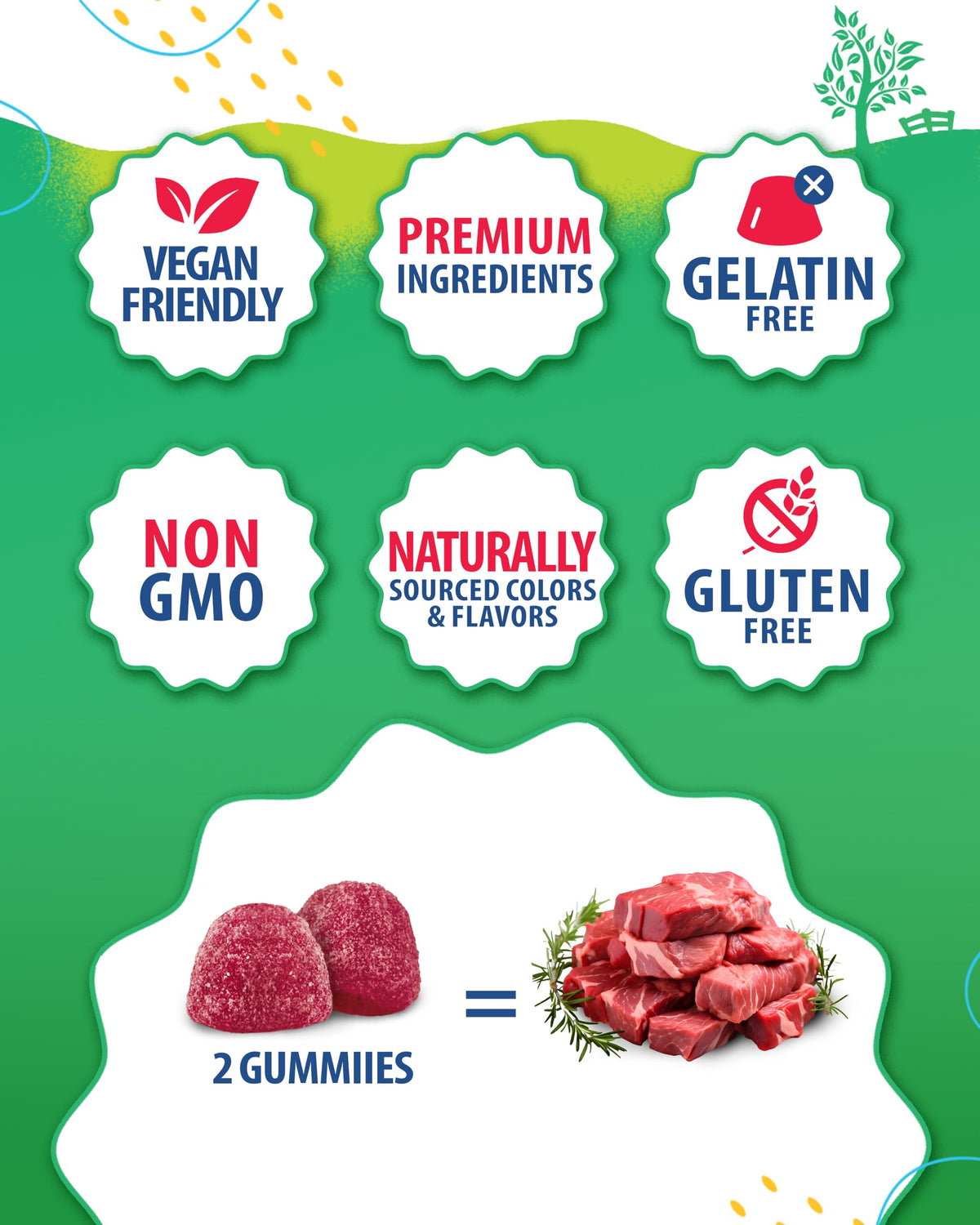 Gummies SUNNY SAM sur une table, avec des fruits en arrière-plan