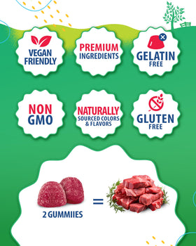 Gummies SUNNY SAM sur une table, avec des fruits en arrière-plan