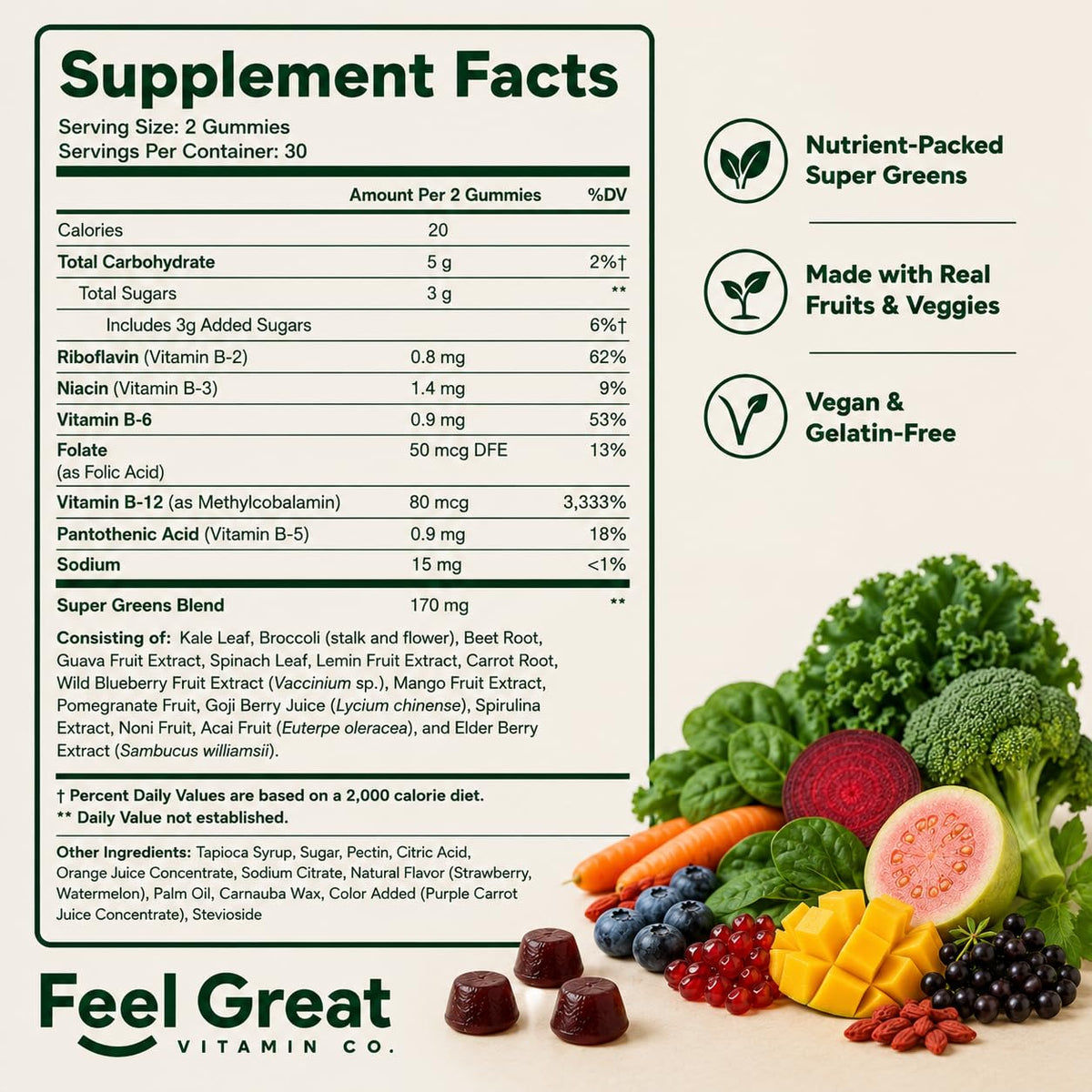Gummies Super Greens avec les ingrédients principaux comme la spiruline et l'épinard en arrière-plan