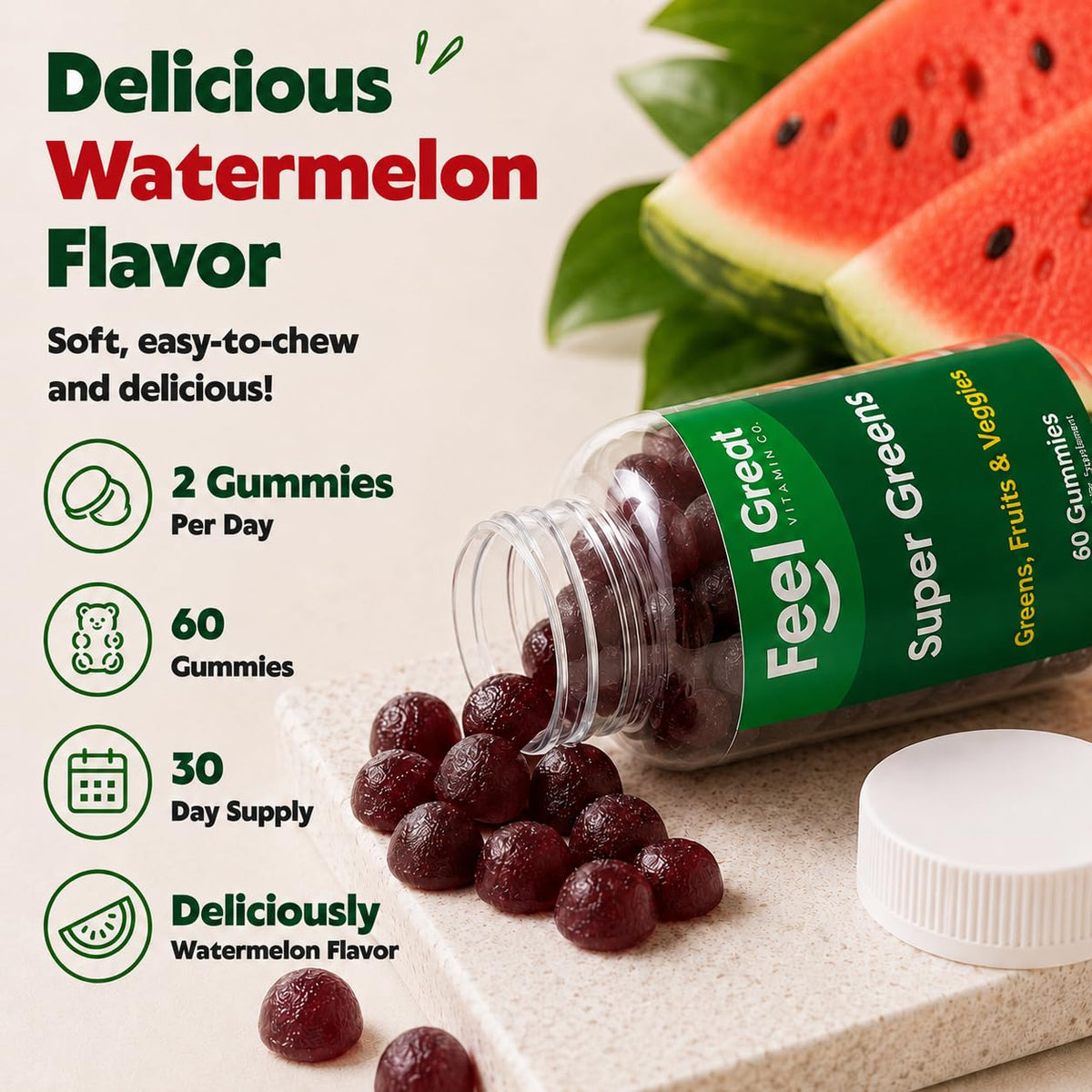 Gummies Super Greens avec une main tenant la bouteille