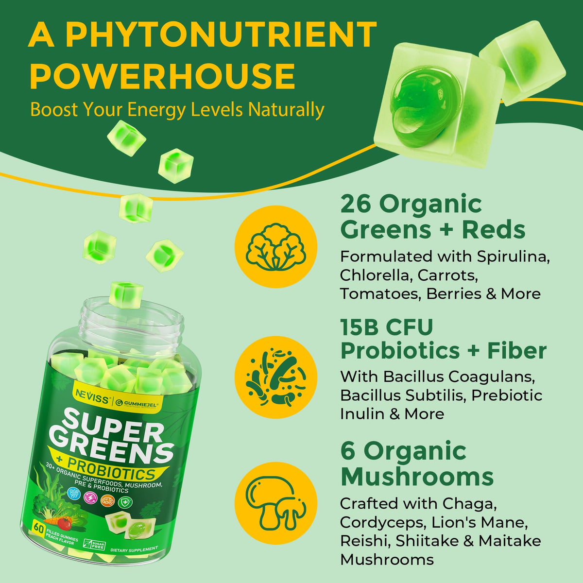 Gummies Super Greens Bio NEVISS affichées avec des ingrédients bio