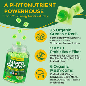 Gummies Super Greens Bio NEVISS affichées avec des ingrédients bio