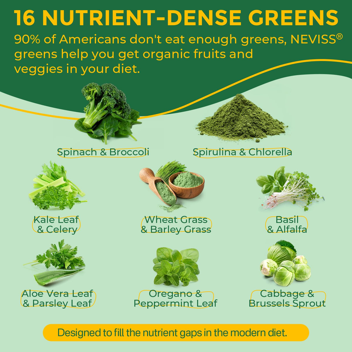 Gummies Super Greens Bio NEVISS avec des fruits et légumes autour