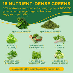 Gummies Super Greens Bio NEVISS avec des fruits et légumes autour