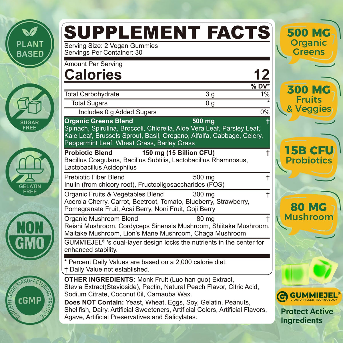 Gummies Super Greens Bio NEVISS vue arrière avec informations nutritionnelles