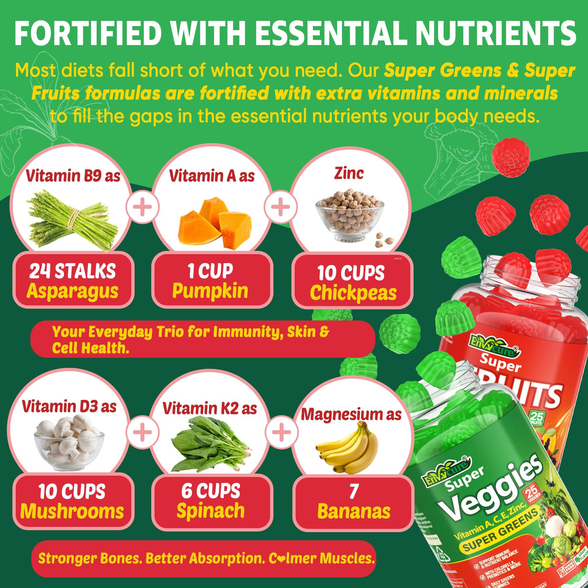 Gummies Super Greens EnvyCure 440g montrant les ingrédients sur l'emballage