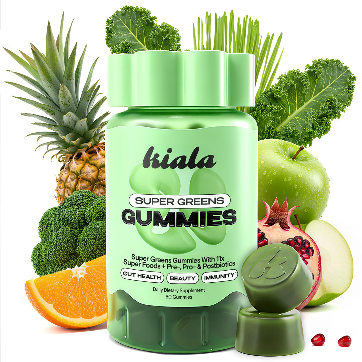 Gummies Super Greens Kiala Nutrition 60 unités, flacon ouvert