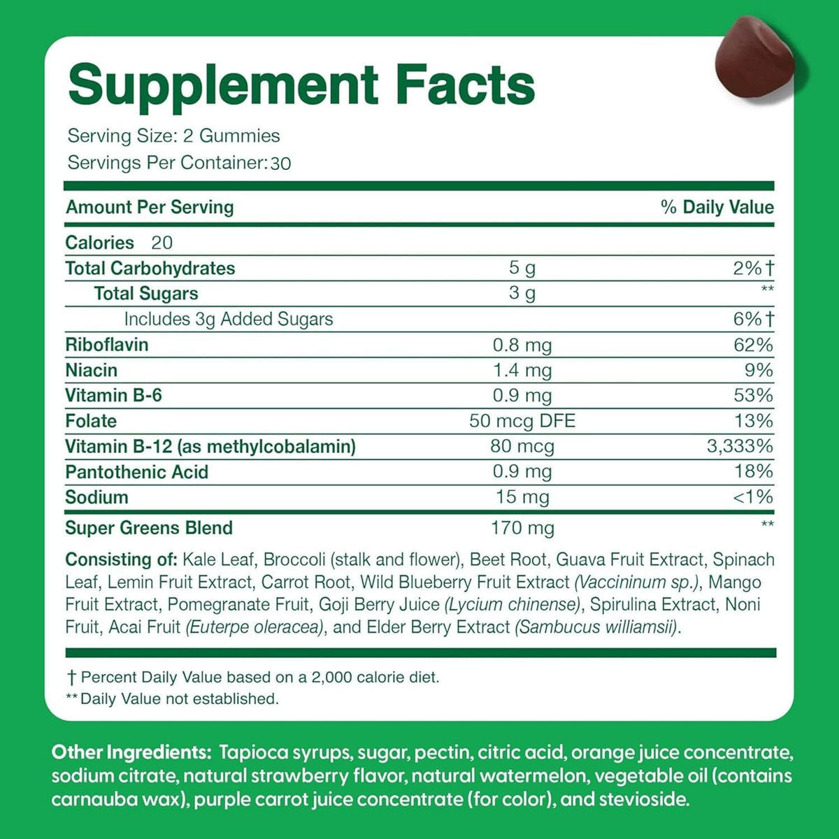 Gummies Super Greens Veggie 60ct displayed with fruits and vegetables