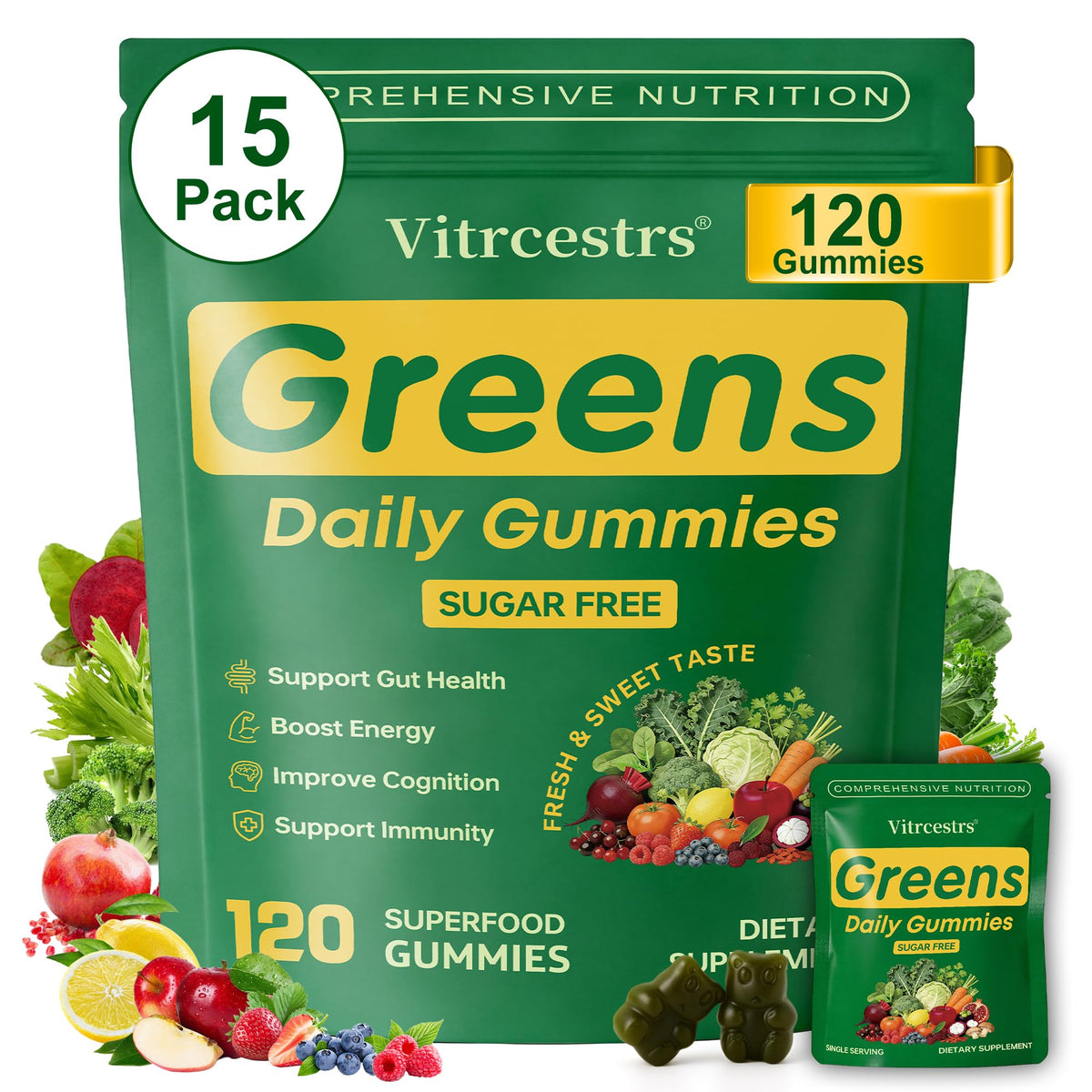 Gummies Super Greens Vitrcestrs 120 gummies sans sucre en boîte