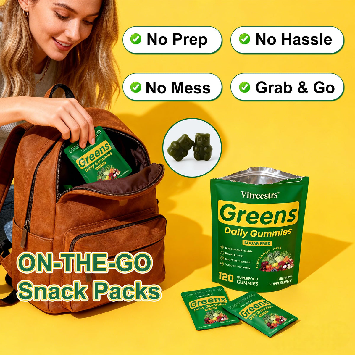 Gummies Super Greens Vitrcestrs sur une surface en bois
