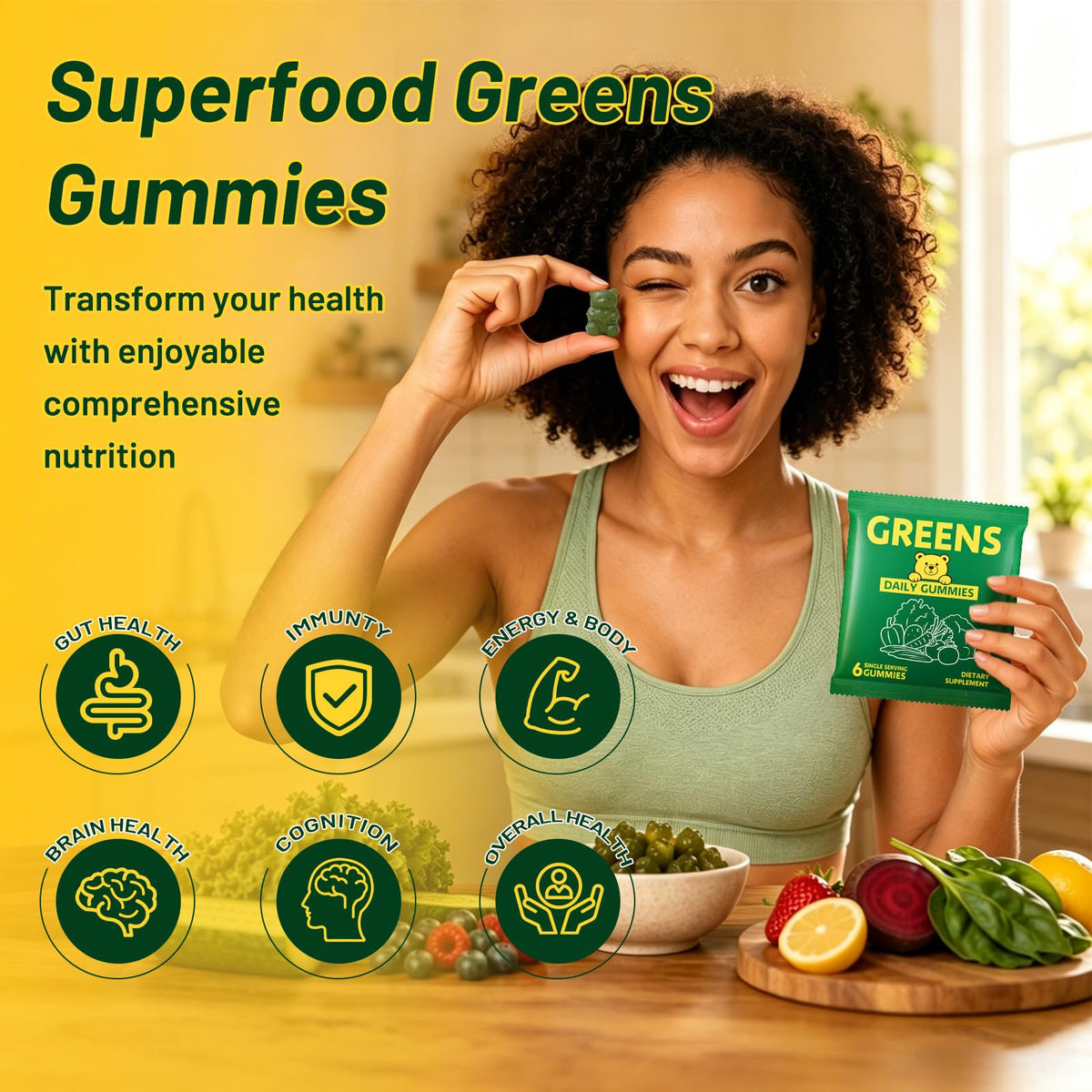 Gummies Super Greens Xemenry avec ingrédients naturels en arrière-plan