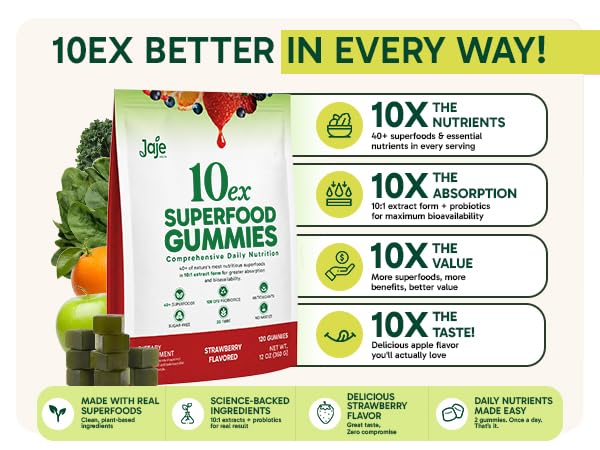 Gummies Supergreens 10ex Jaje Health en gros plan avec couleur pomme