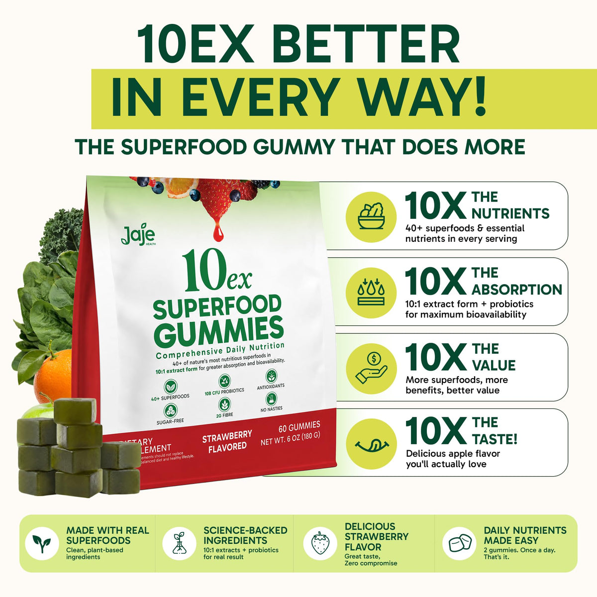 Gummies Supergreens 10ex Jaje Health ouvert avec gummies visibles