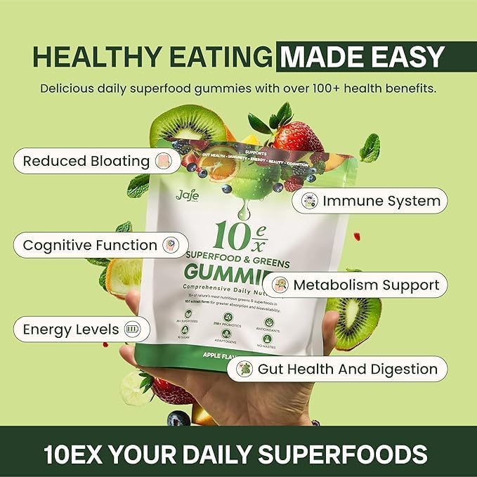 Gummies Supergreens Jaje Health 10ex en gros plan avec texture moelleuse