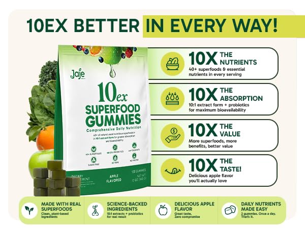 Gummies Supergreens Jaje Health 10ex présentés sur un fond de fruits