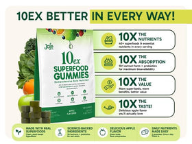 Gummies Supergreens Jaje Health 10ex présentés sur un fond de fruits