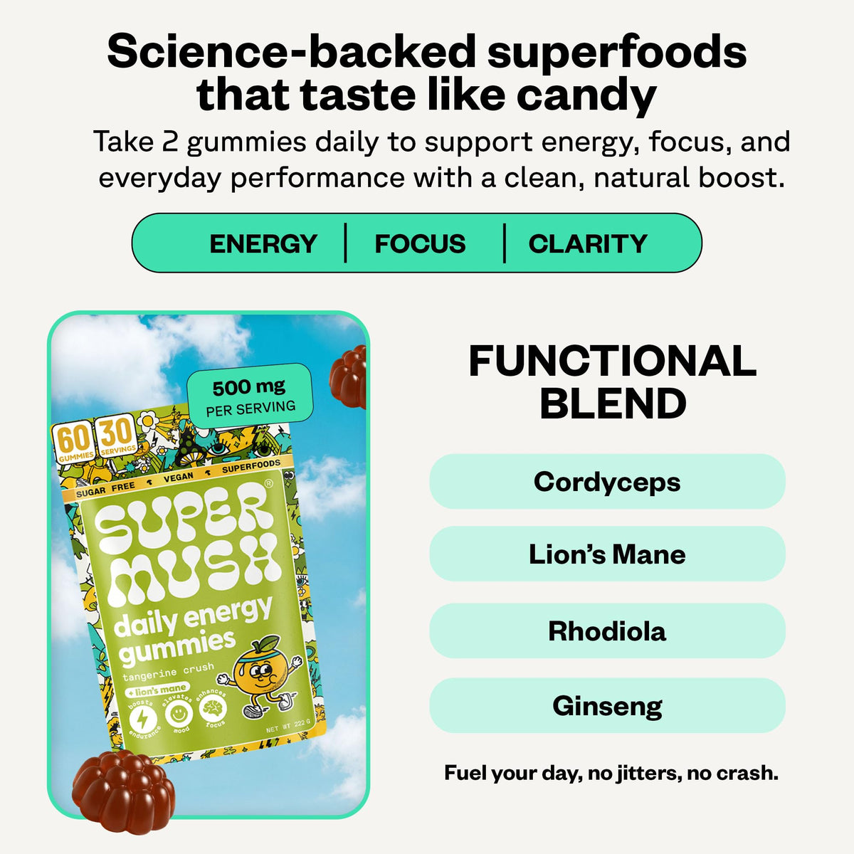Gummies SuperMush Énergie Quotidienne Lion's Mane et Cordyceps, détail des ingrédients