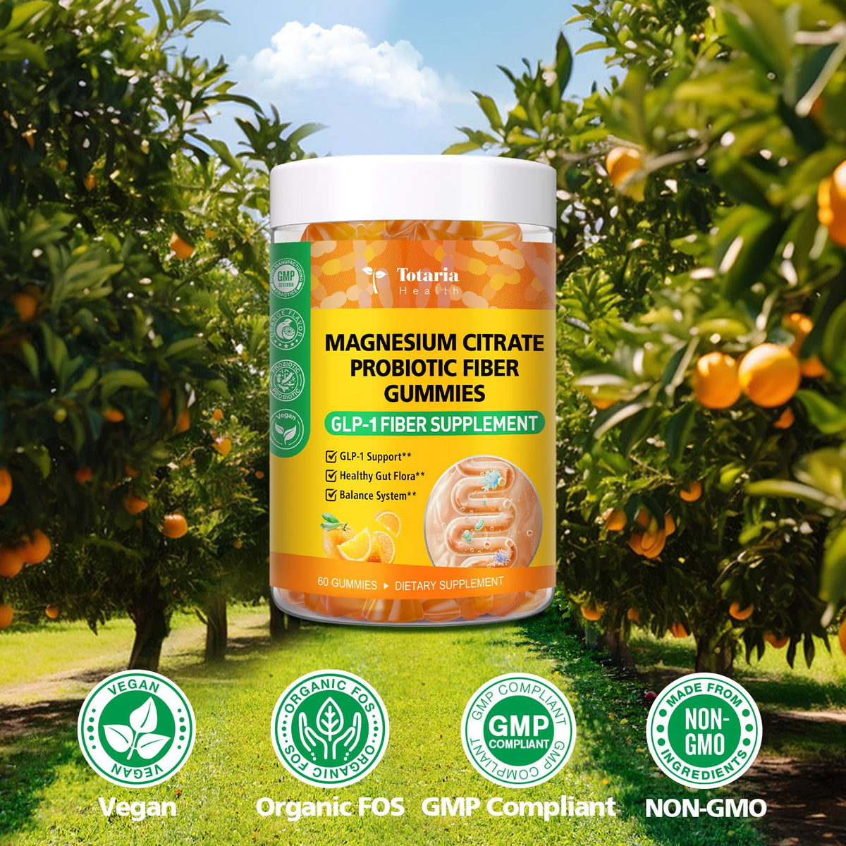 Gummies Totaria 15-en-1 avec des ingrédients naturels autour