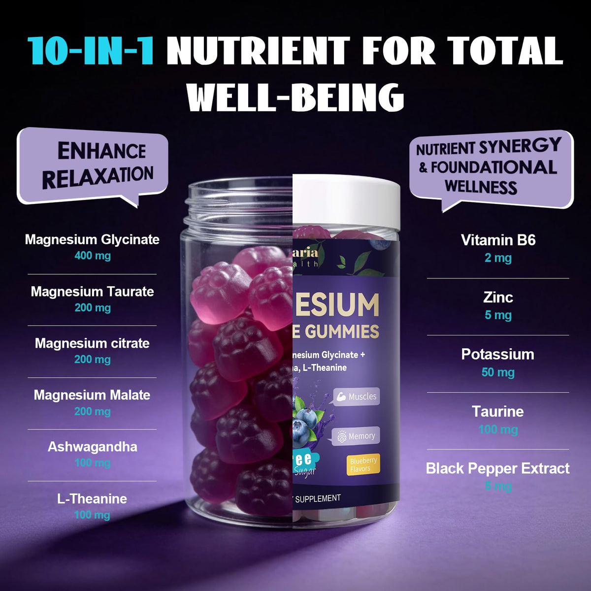 Gummies Totaria de magnésium glycinate avec étiquette et informations nutritionnelles