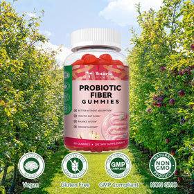 Gummies Totaria Probiotiques 9-en-1, ingrédients naturels sur fond blanc
