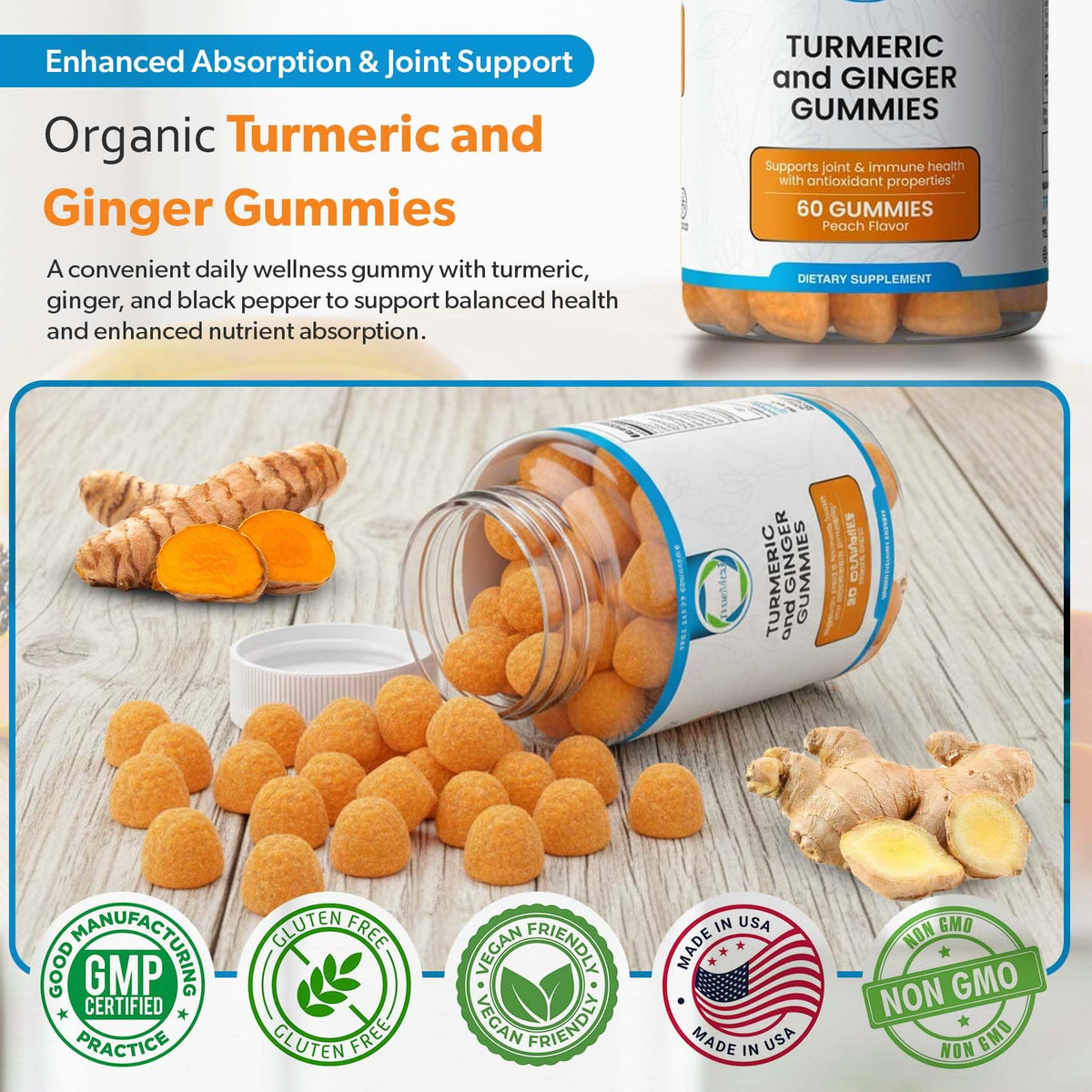 Gummies TRUEMED au curcuma et gingembre, flacon ouvert