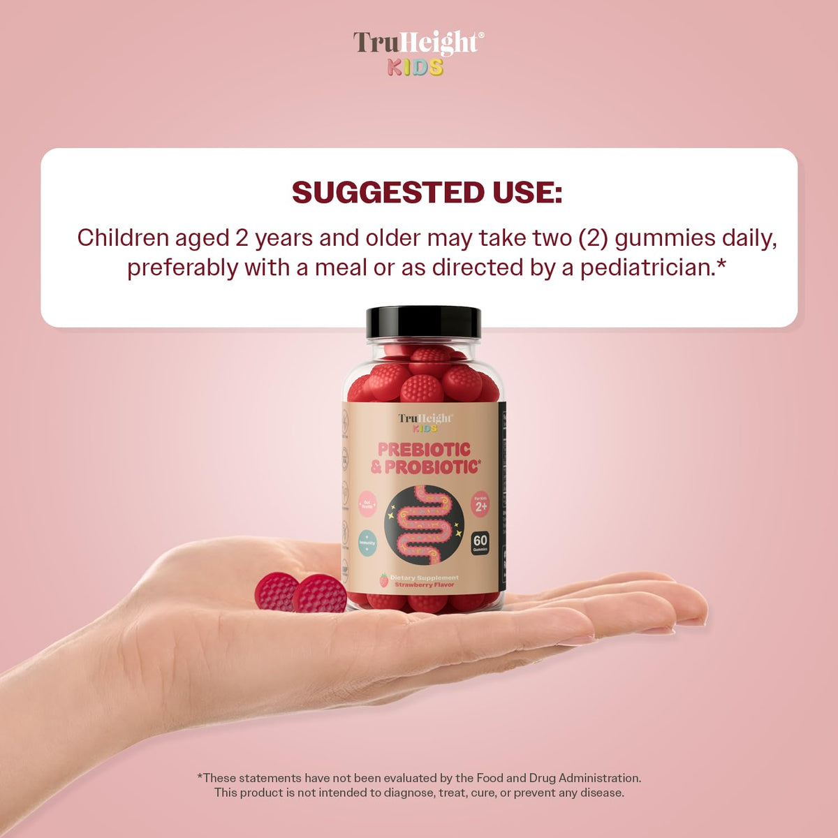 Gummies TruHeight sur une table avec des fruits frais