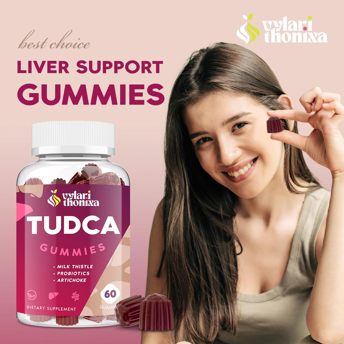 Gummies TUDCA Vylarithonixa à côté d'un verre d'eau