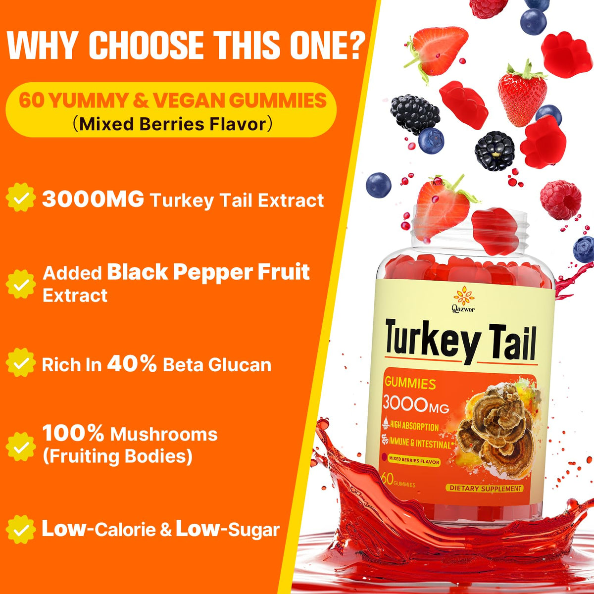 Gummies Turkey Tail de Qazwer, présentation avec fruits