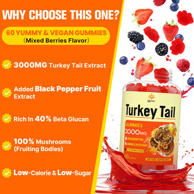 Gummies Turkey Tail de Qazwer, présentation avec fruits
