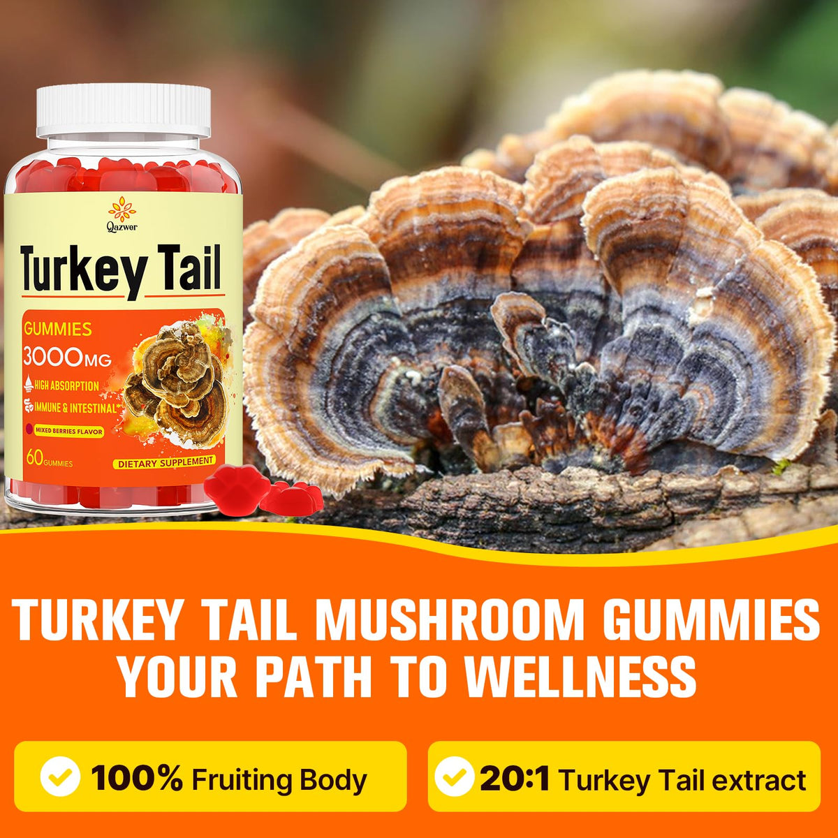 Gummies Turkey Tail de Qazwer sur une table avec d'autres compléments