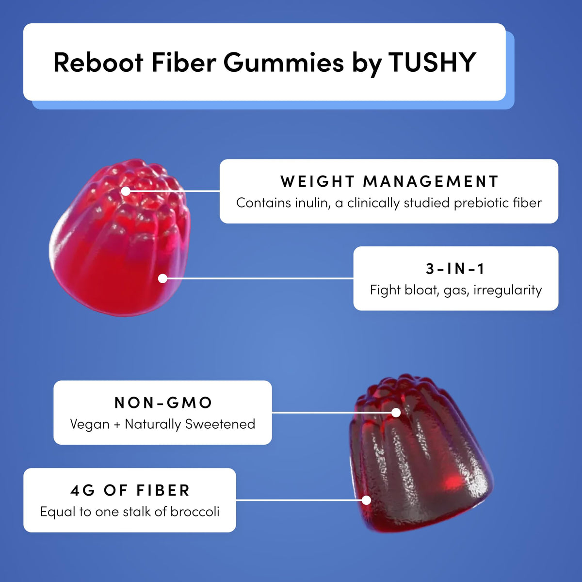 Gummies TUSHY Reboot sur une table avec des fruits