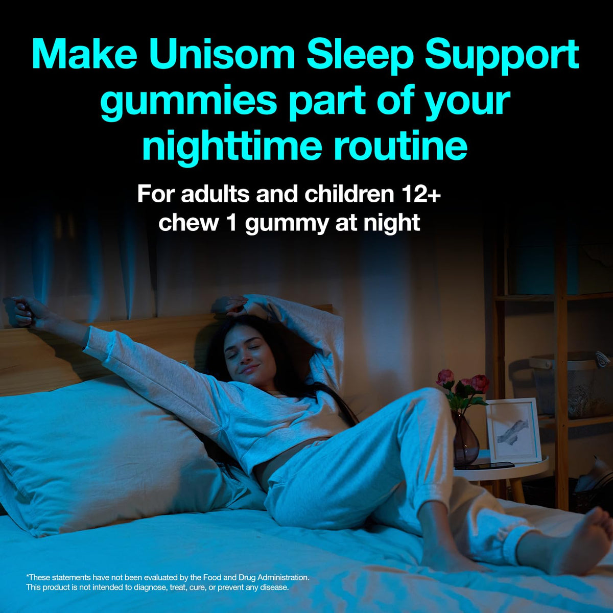 Gummies Unisom de soutien au sommeil, 60 unités, sur une surface en bois