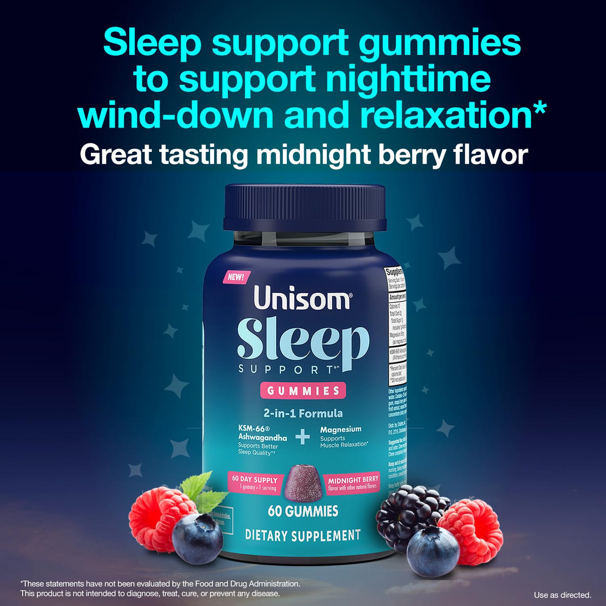 Gummies Unisom de soutien au sommeil sur une table, vue d'ensemble
