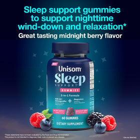 Gummies Unisom de soutien au sommeil sur une table, vue d'ensemble