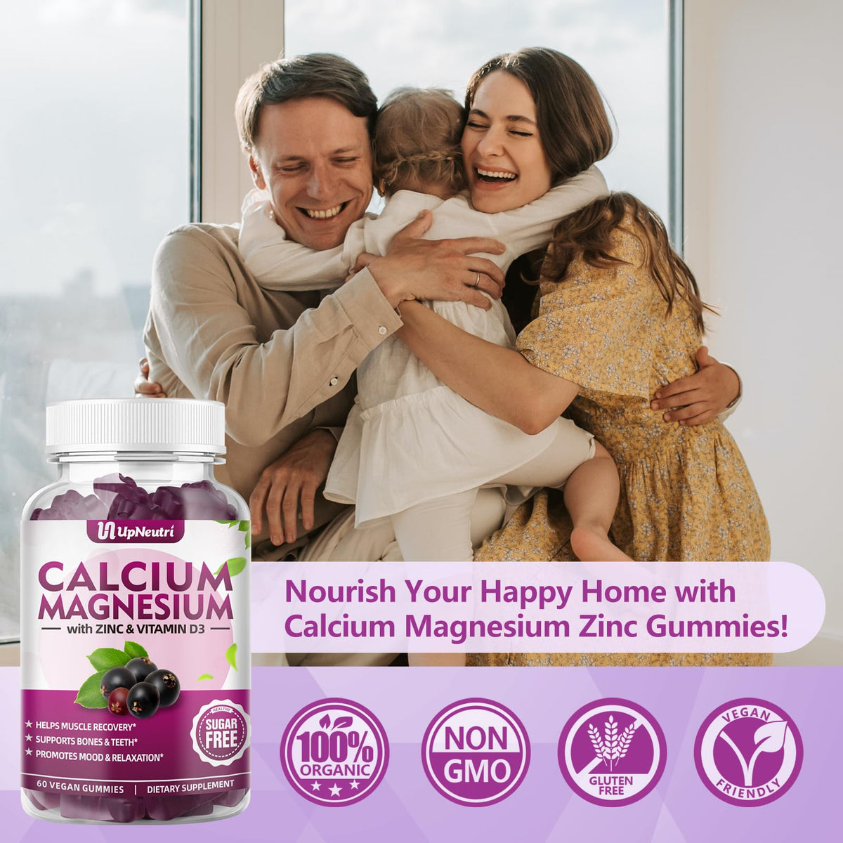 Gummies UPNEUTRI avec les valeurs nutritionnelles en arrière-plan