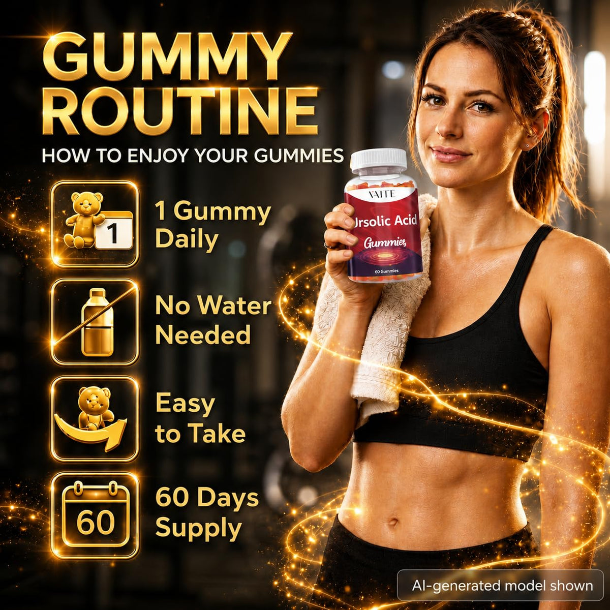 Gummies VAITE acide ursolique 300mg sur une table, présentation