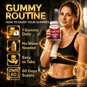 Gummies VAITE acide ursolique 300mg sur une table, présentation