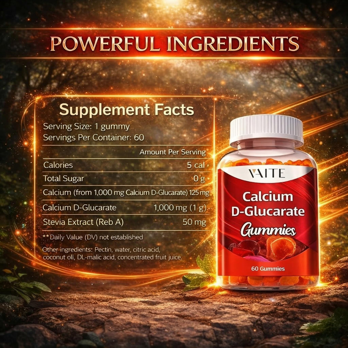 Gummies VAITE Calcium D-Glucarate sur une table avec un verre d'eau