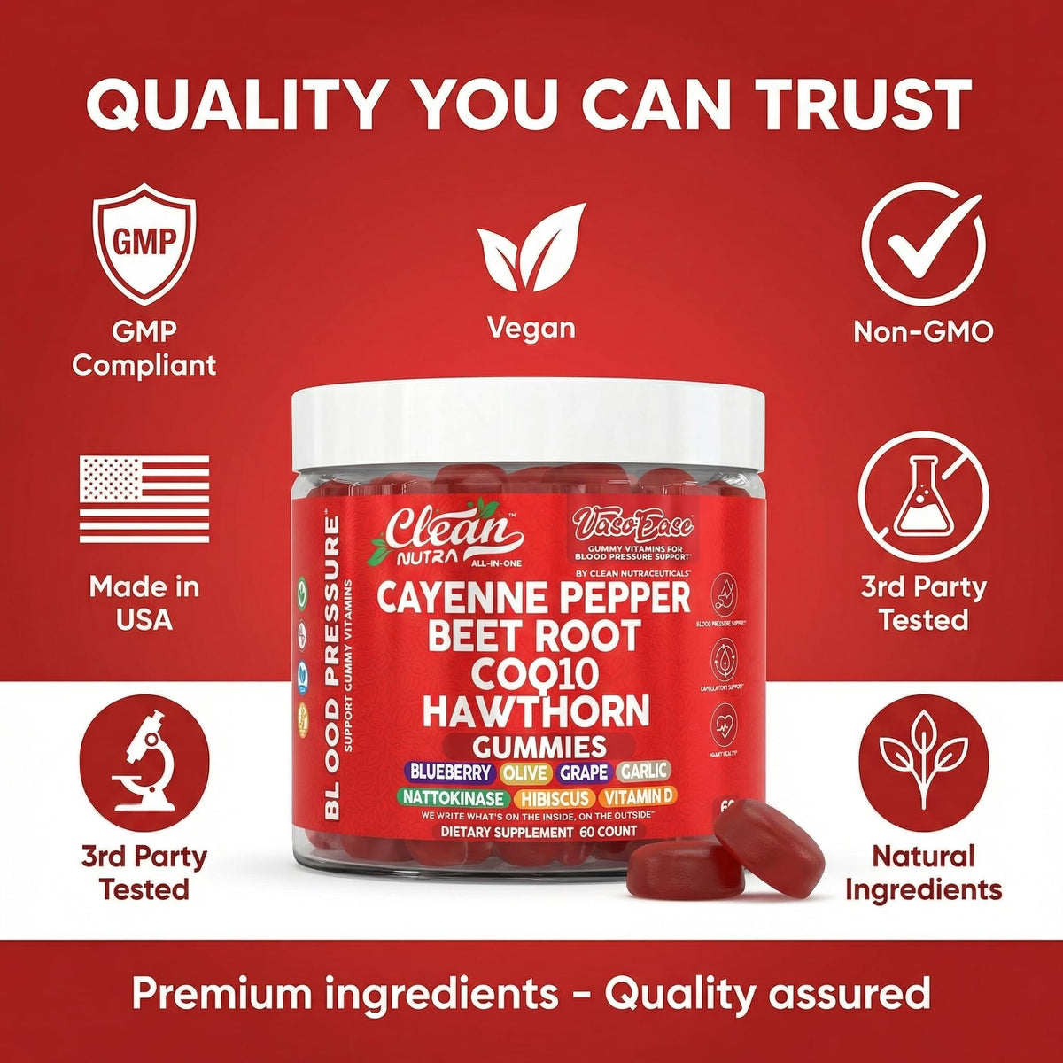 Gummies VasoEase avec des ingrédients naturels autour
