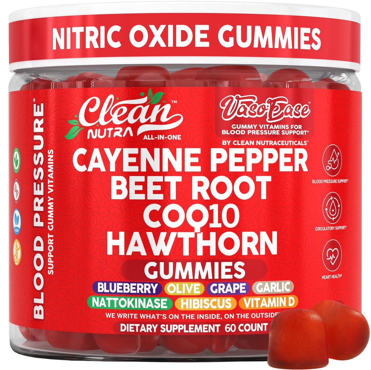 Gummies VasoEase Clean Nutraceuticals devant l'emballage avec fruits