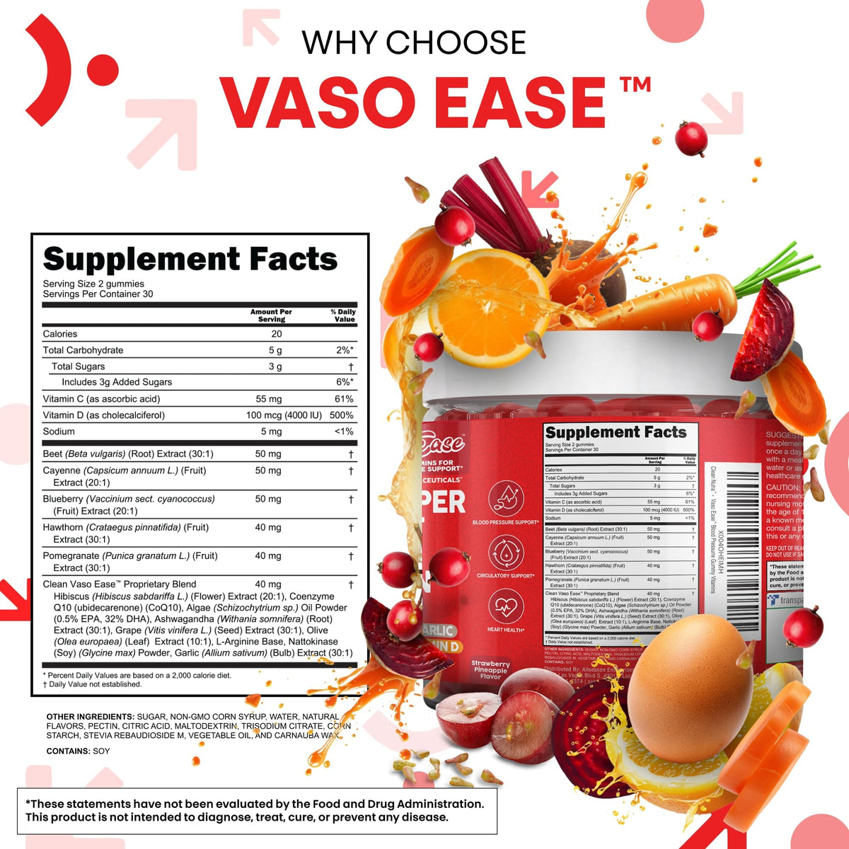 Gummies VasoEase sur une table avec des fruits frais