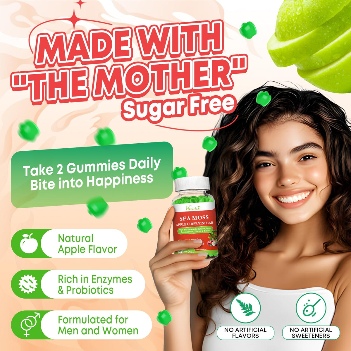 Gummies Vazatisi au vinaigre de pomme avec une coupe de fruits à côté