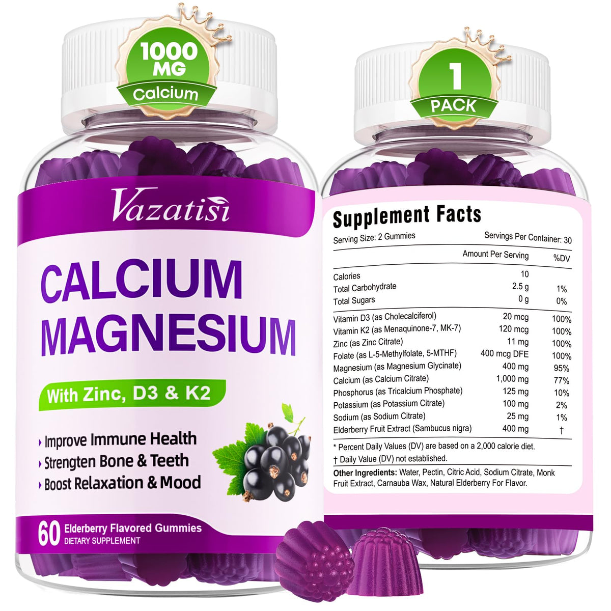 Gummies Vazatisi Calcium Magnésium Zinc 60 gummies à la saveur de sureau