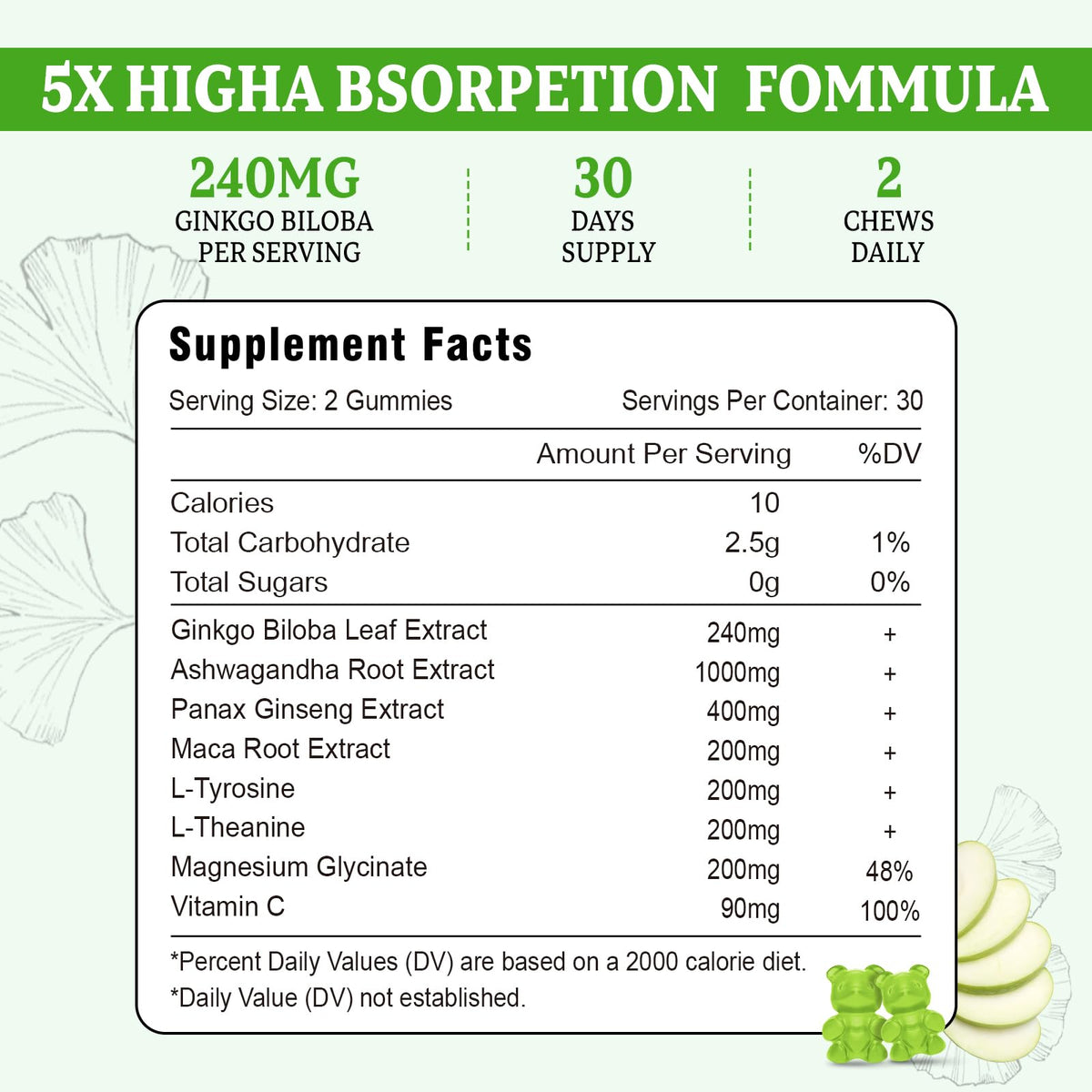 Gummies Vazatisi Ginkgo Biloba 240mg avec étiquette et ingrédients