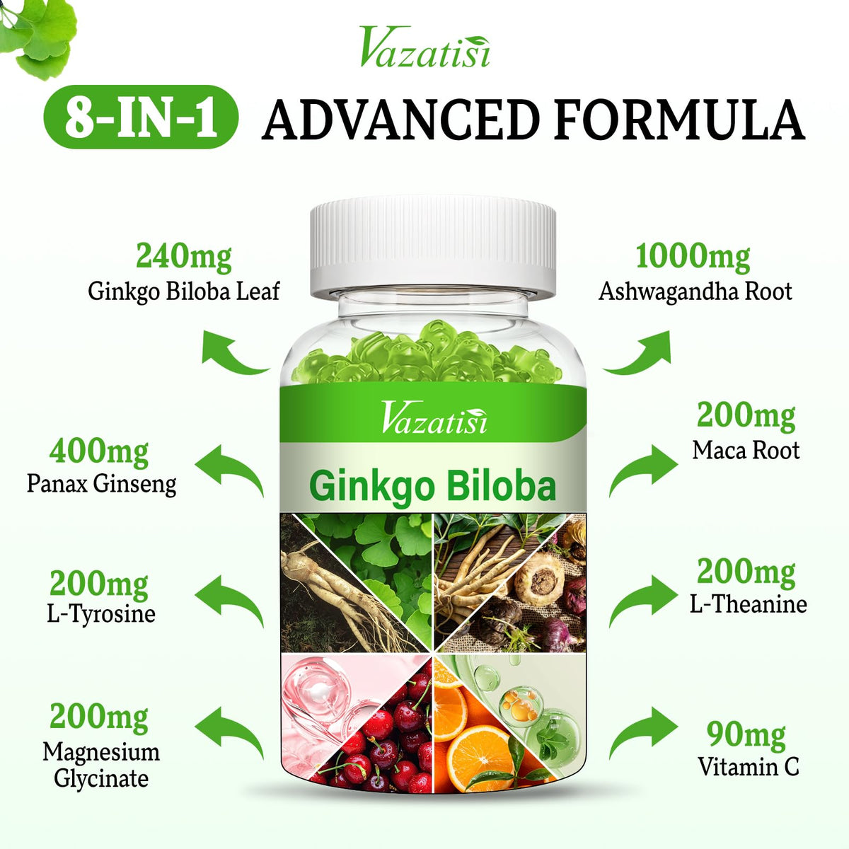 Gummies Vazatisi Ginkgo Biloba 240mg sur une table avec fruits