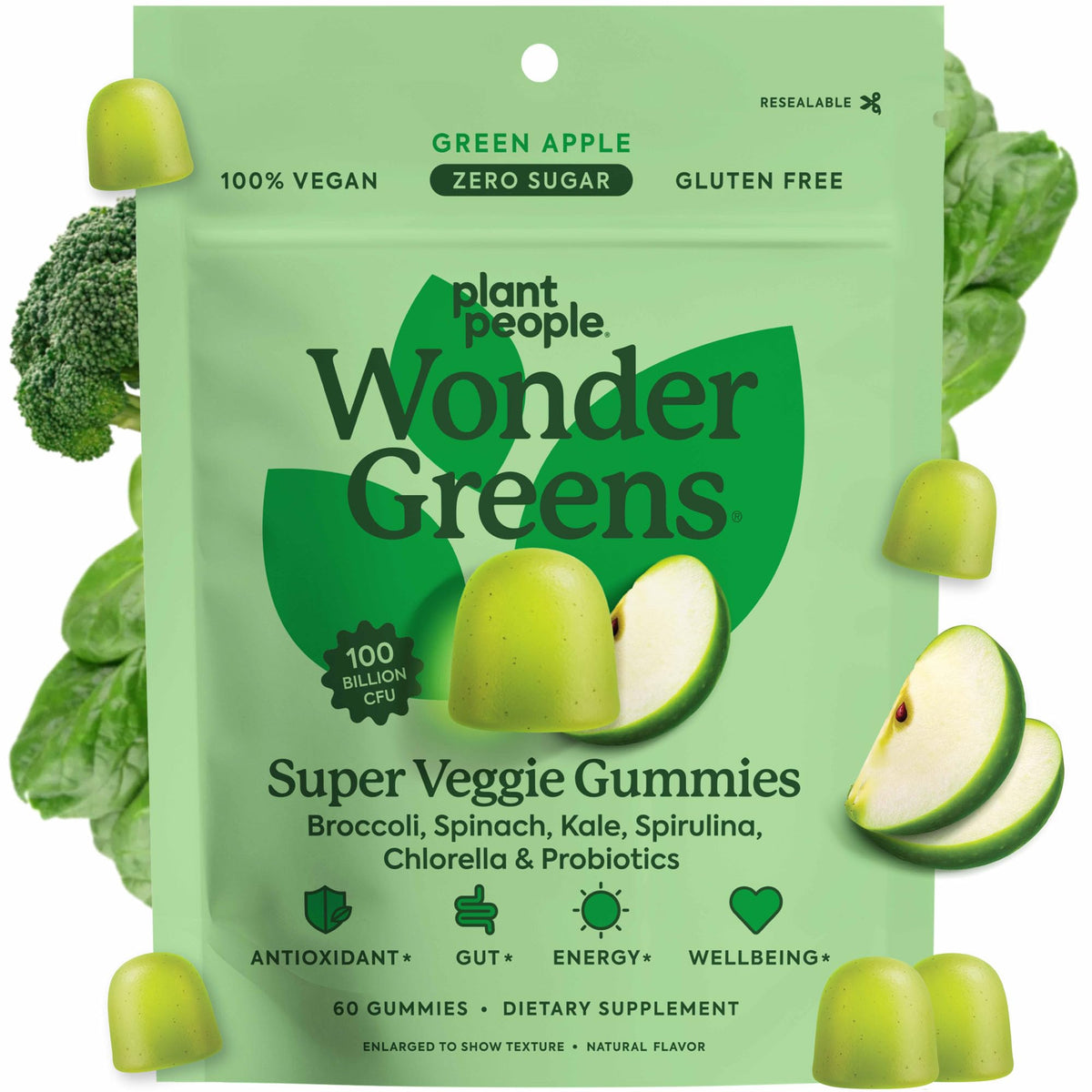 Gummies végétales WonderGreens de Plant People, sachet de 60 gummies